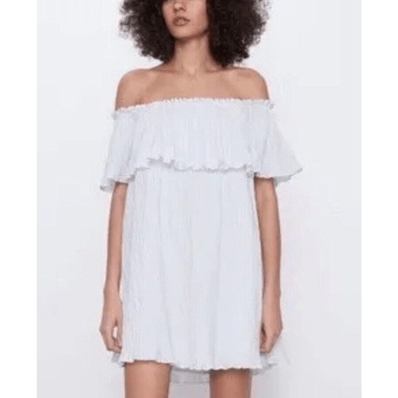 Zara Ruffled Pleated Sleeveless Short Voluminous Dress White Size M - Picture 1 of 15